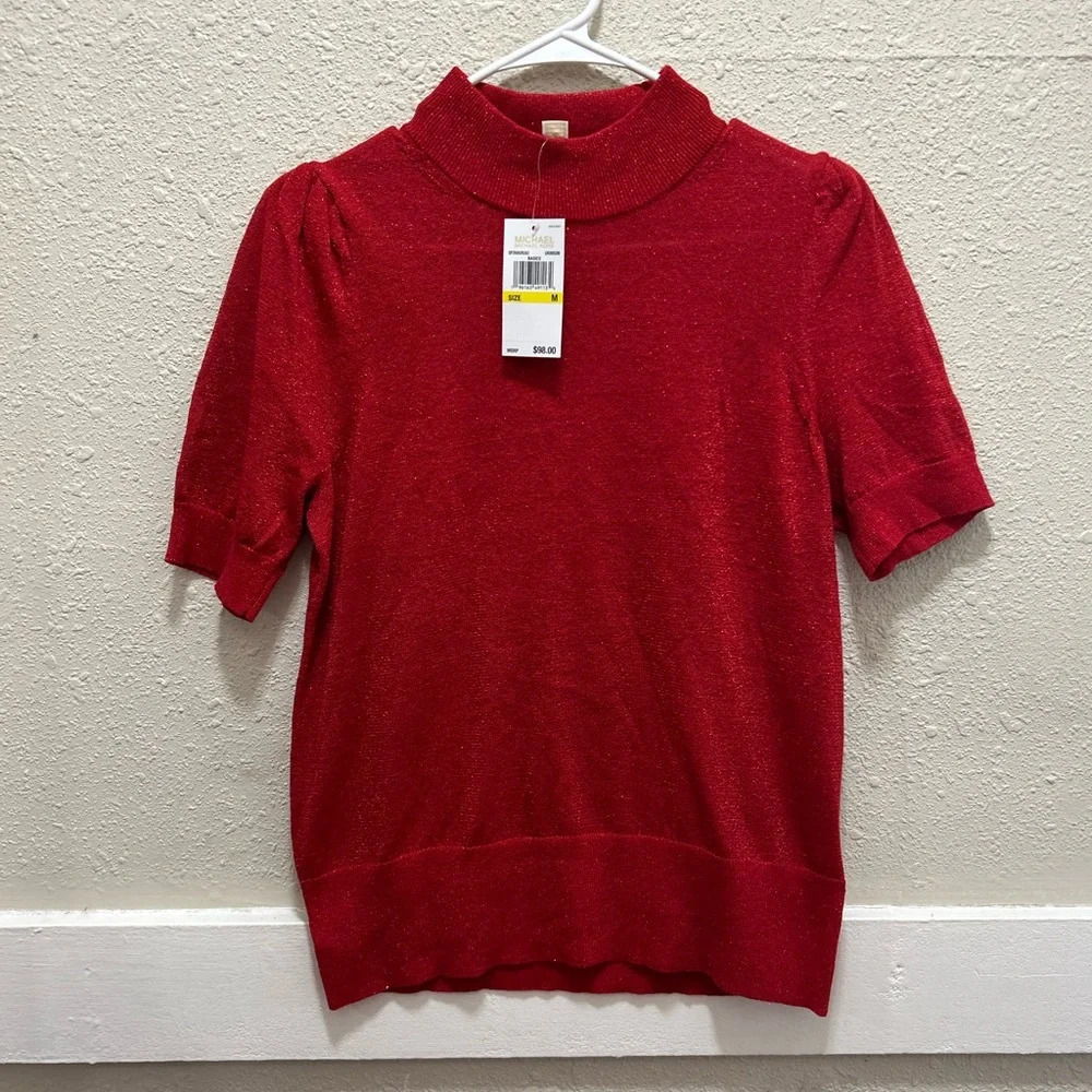 MICHAEL Michael Kors Red with Shimmer Mock Neck Short Sleeve Blouse NWT Medium